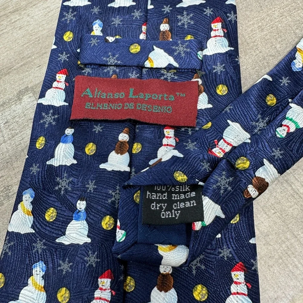 Alfanso‎ Laporta Men's Snowman Tie 100% Silk Navy Christmas Holiday 60in